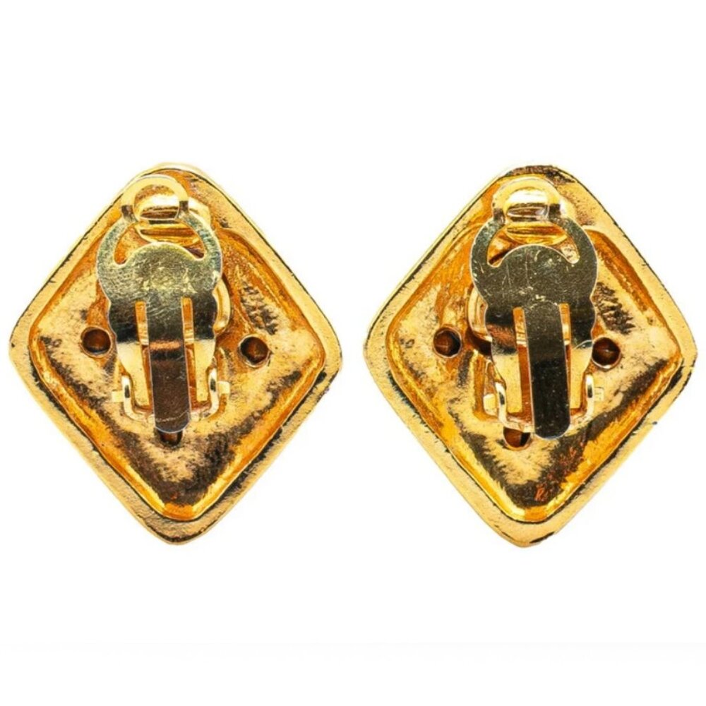 CHANEL Rhonestone Rhombus Clip-On Earrings Gold Tone Auth #4764 - Picture 2 of 3